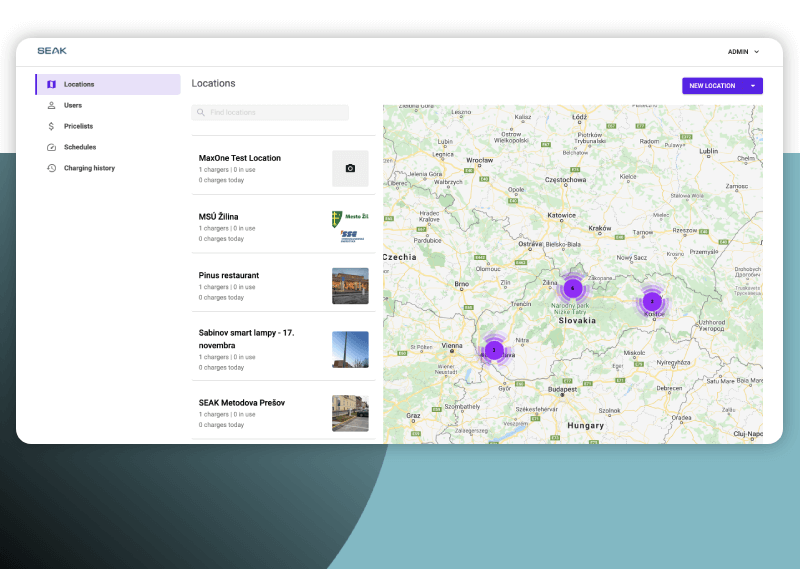 Web administration with a map portal that displays individual charging stations and can control them.